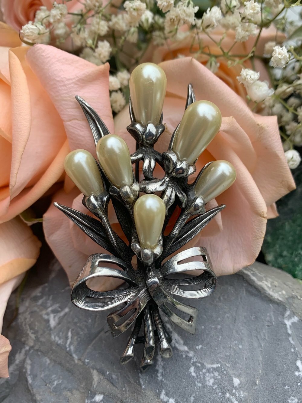 Vintage Signed Ravana Faux Pearl Floral Bouquet Designer MCM Mod Brooch / Pin
