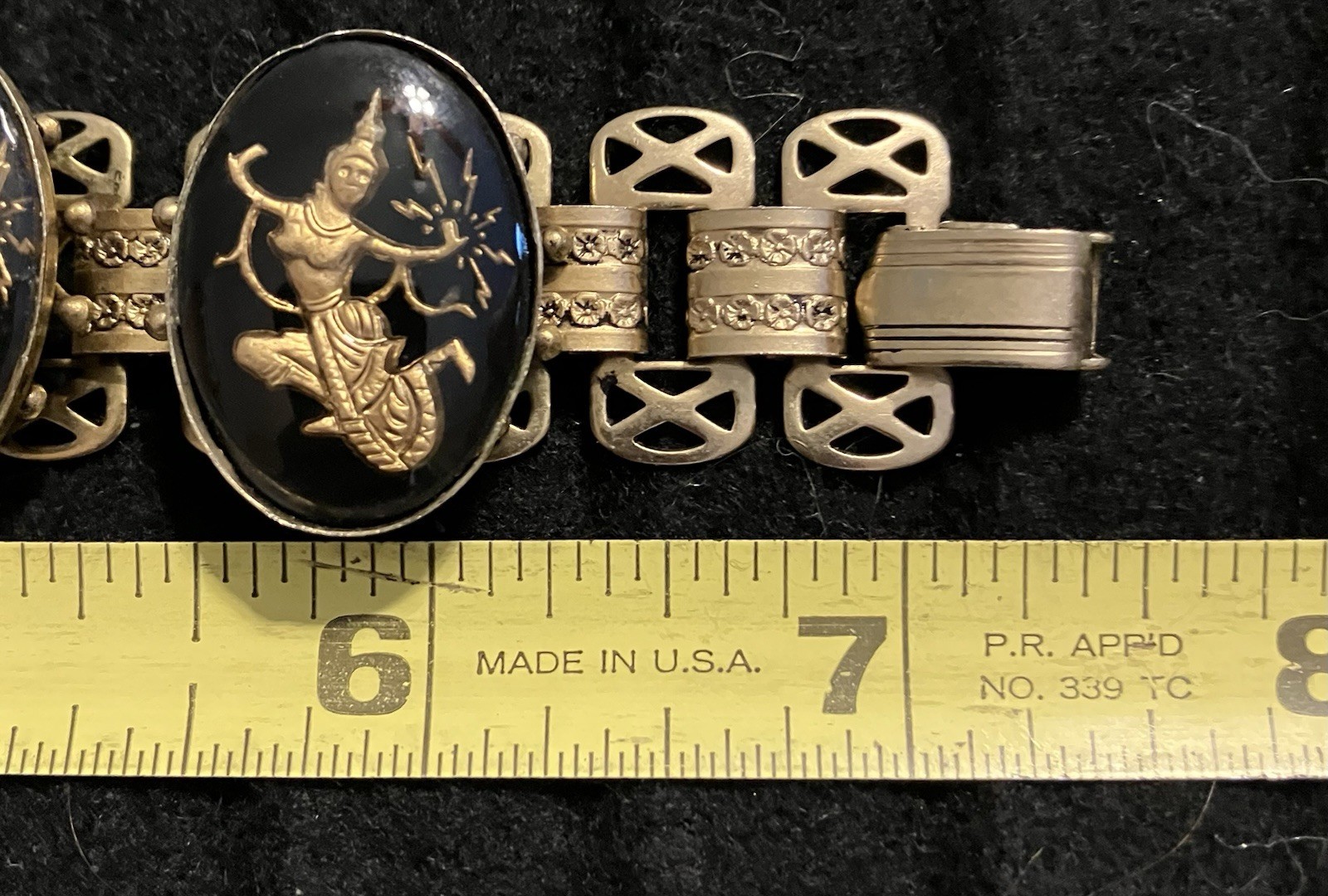 Vintage Siam/Thailand Golden Goddess Black Lucite Link Bracelet & Earrings