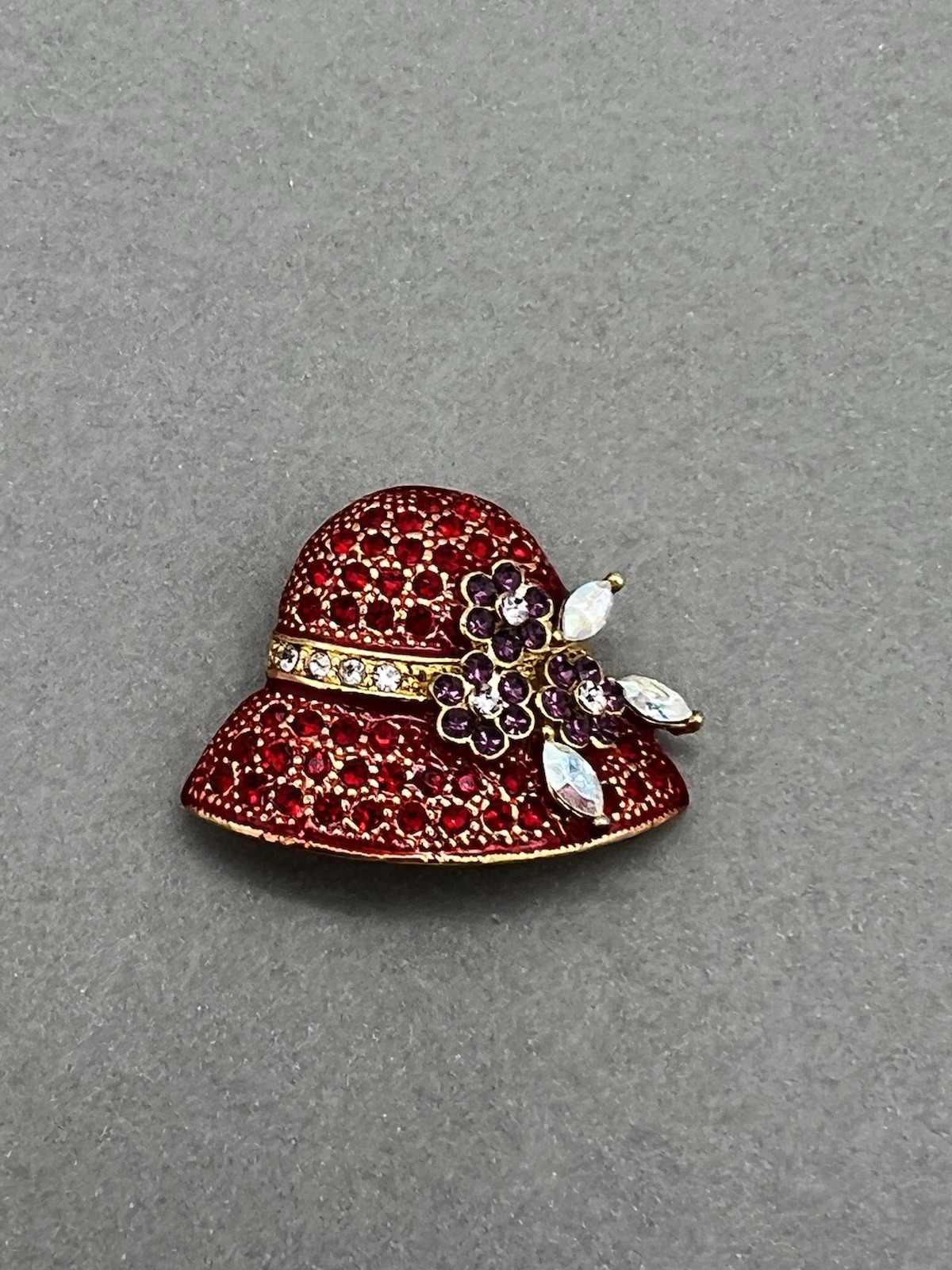 Vintage Red Hat Brooch Red Rhinestone Purple Flower Pin