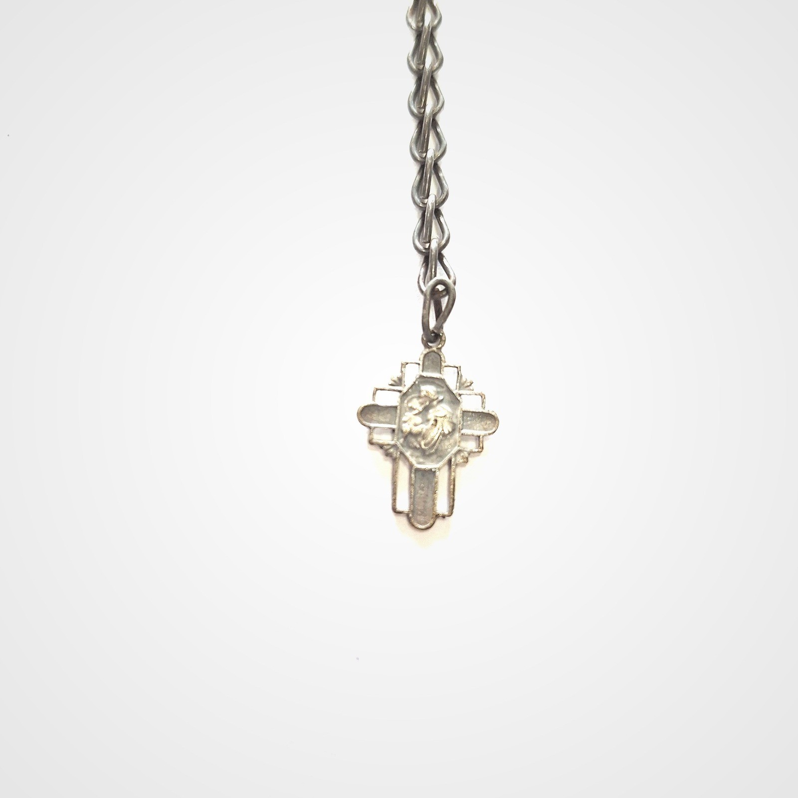 Vintage Silver Tone Rose Flower and Cross Link Rosary Bracelet with Crucifix