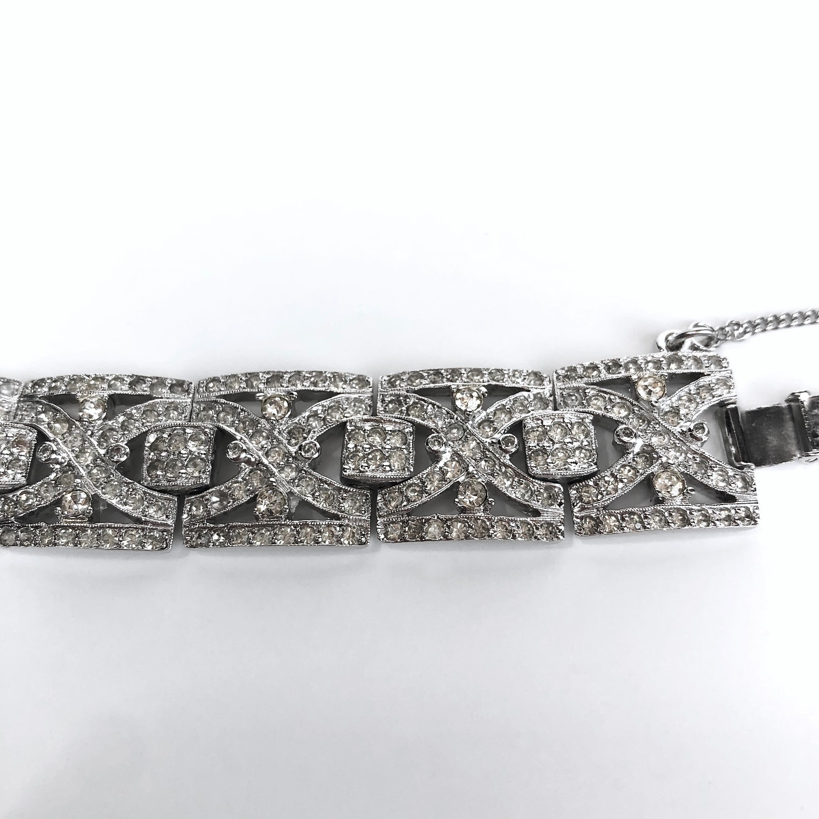 Vintage Art Deco Rhinestone Bracelet Geometric Panels Safety Chain Clasp