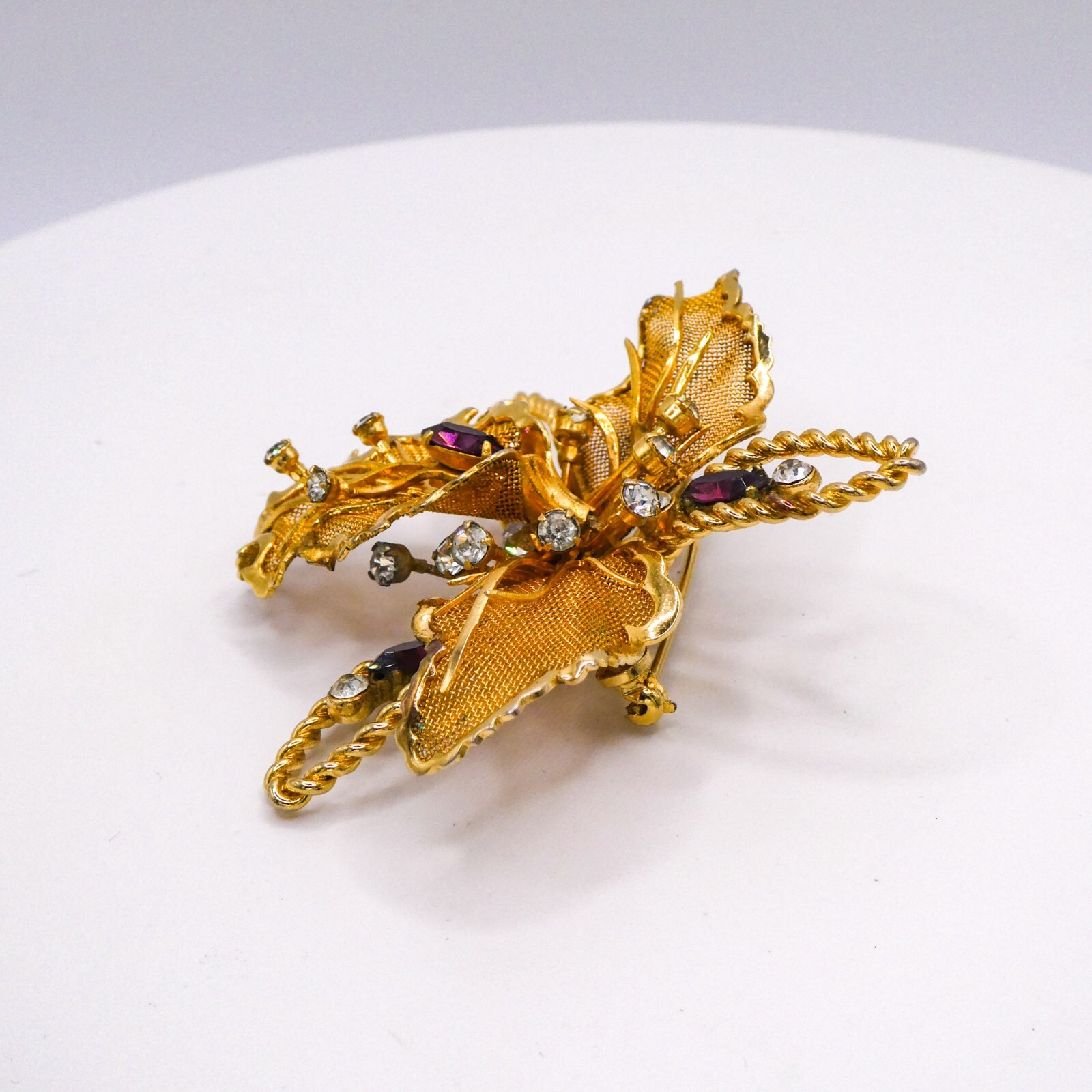 Purple Rhinestone Orchid Figural Brooch Pin Mesh Rhinestone Vintage Large 2.5″