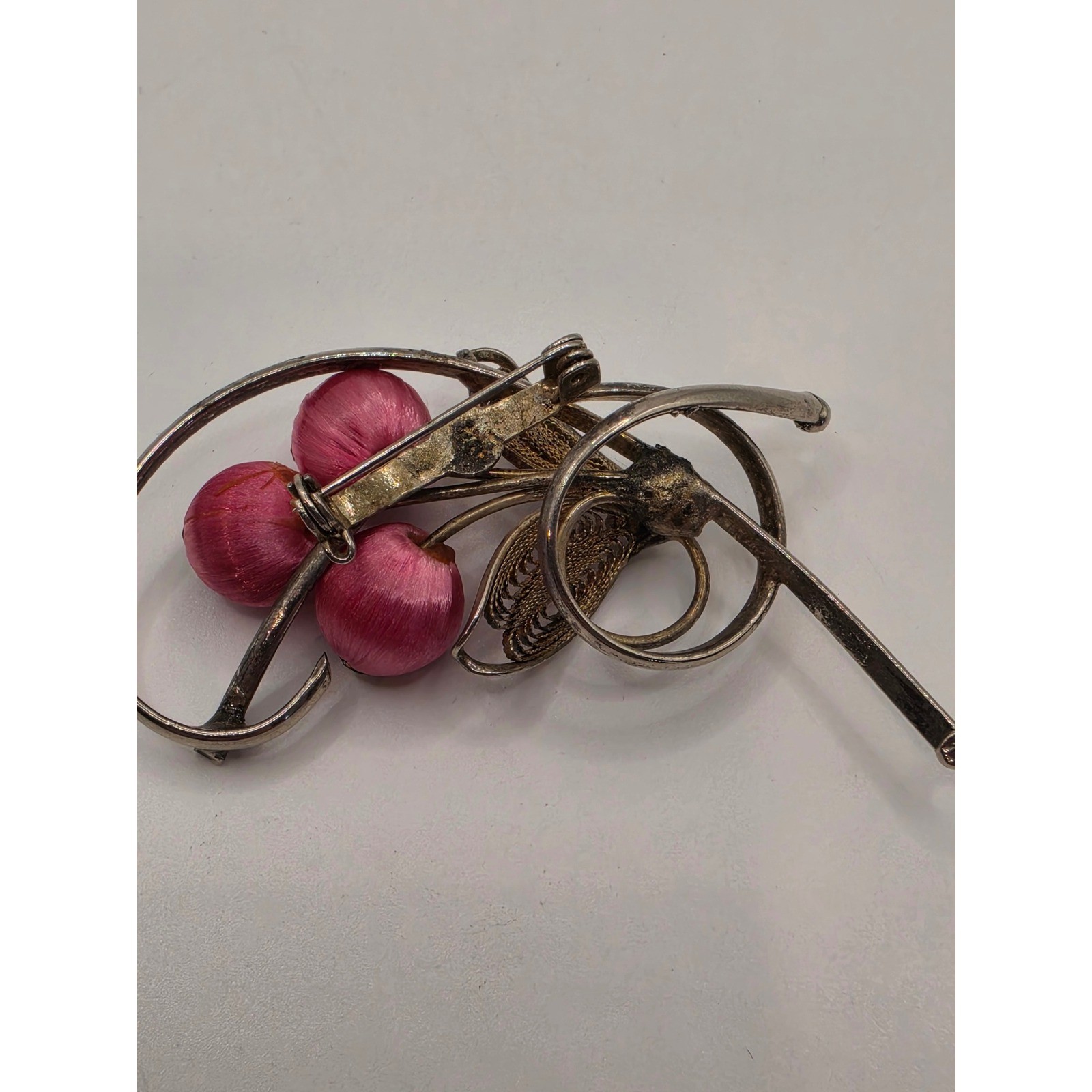 Vintage Silver Tone Pink Satin Wrapped Bead Floral Spray Filigree Brooch Pin