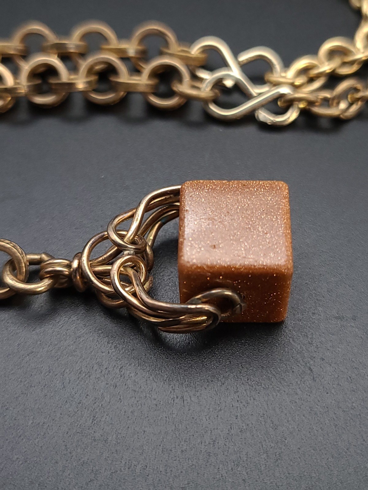 Antique Victorian Goldstone Gold Filled Heavy Chunky Cube Pendant Necklace 27″