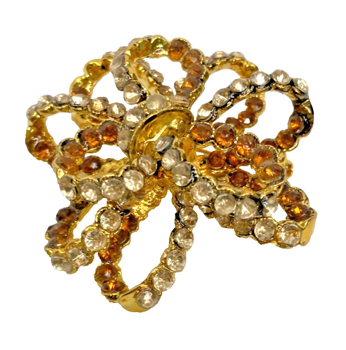 Brooch Pin / Pendant Gold Tone Honey Amber Color And Rhinestones Bow Vintage USA