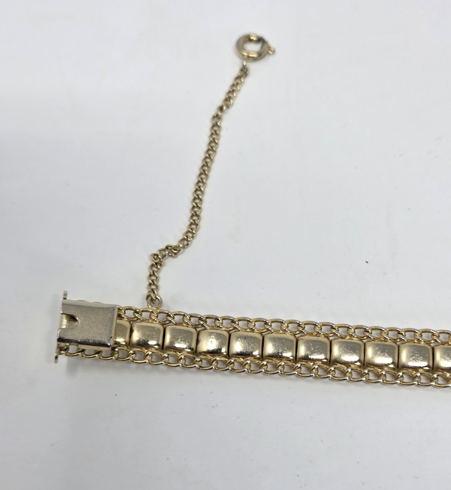 Vintage Gold Tone Diamond Cut Link Bracelet Box Clasp Safety Chain Mid Century