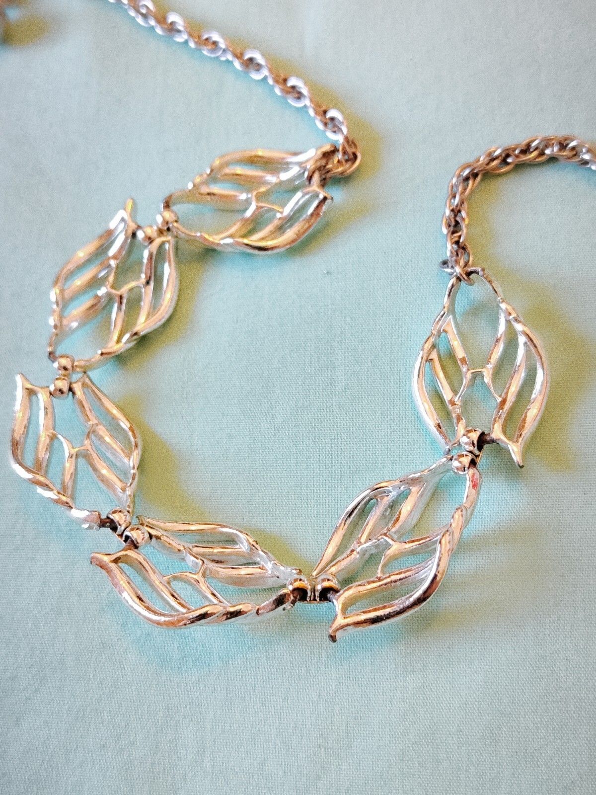 Open Work Filagree Panel Link Necklace Silver Tone 16.5in Shepard Hook