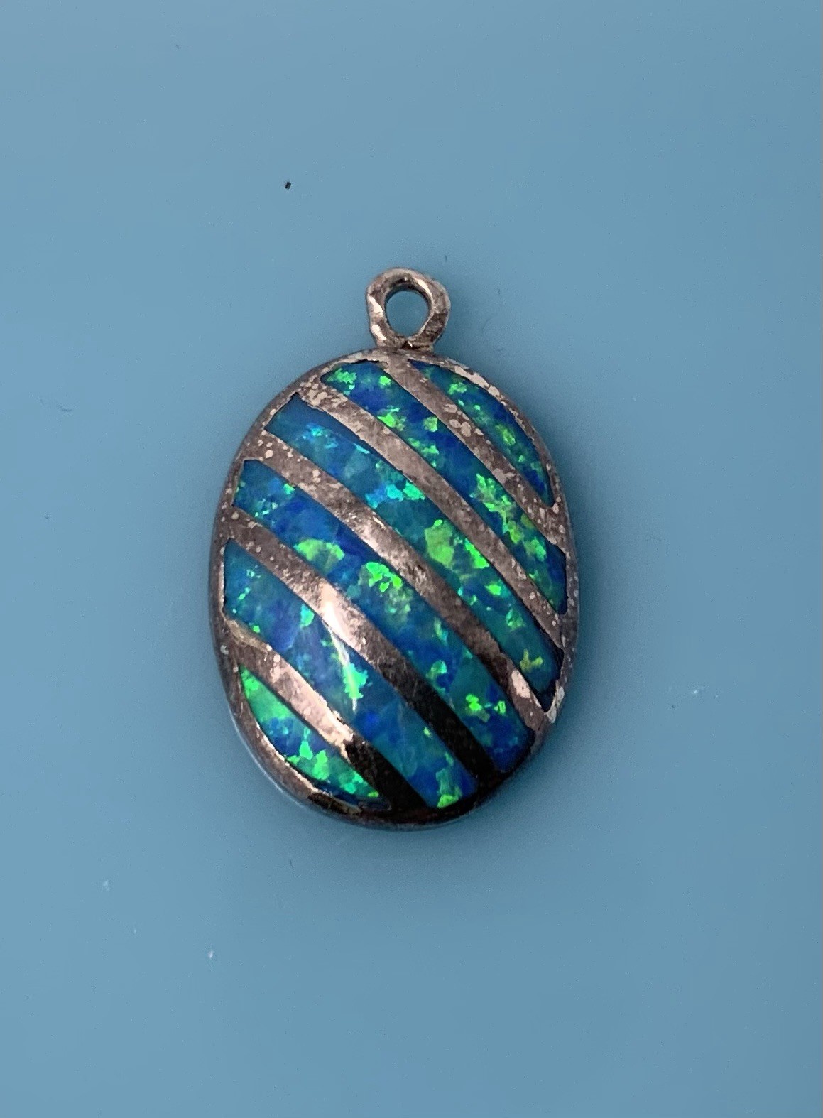 Vintage Sterling Silver Pendant Charm Blue Opal Striped Inlay 3.8g
