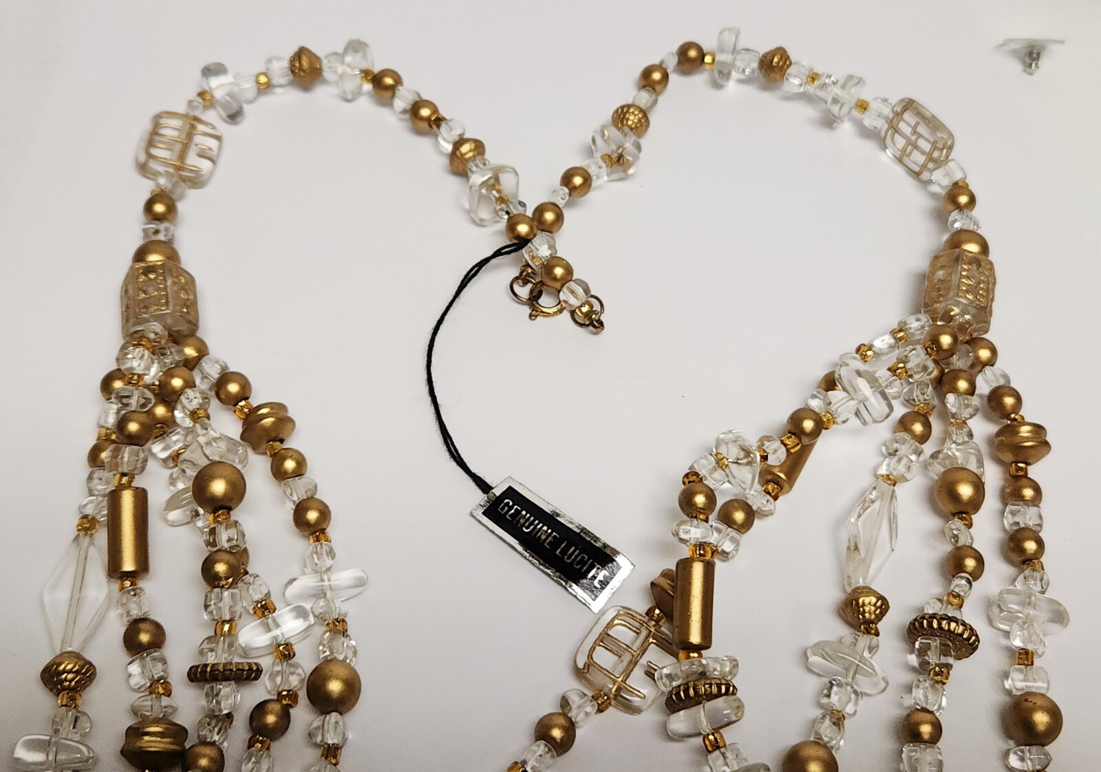 Gorgeous Vintage Clear & Gold Lucite Necklace 23.5″ x 4″ Orig Tag Made in China