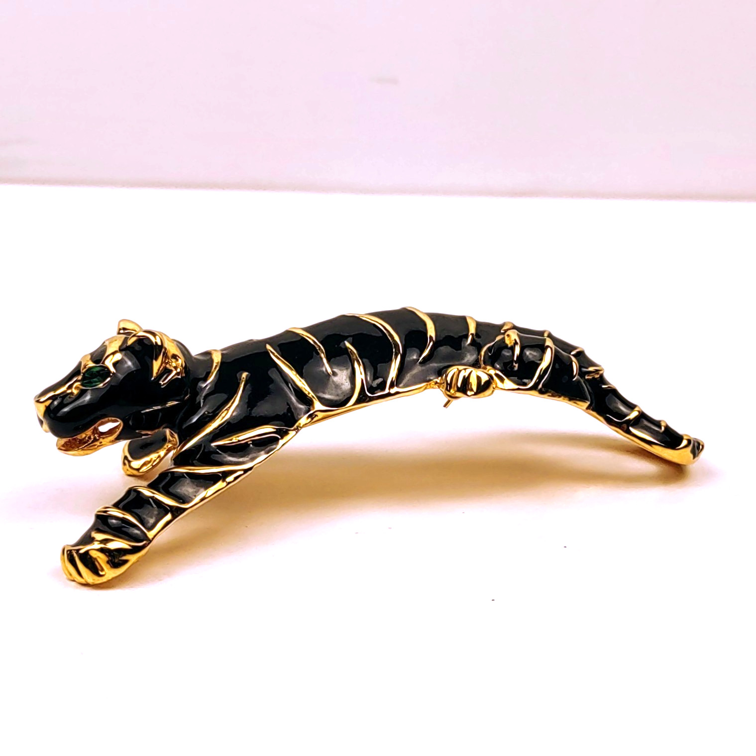 Tiger Brooch Black Enamel Gold Colored Metal Stripes Green Rhinestone Eyes 4.5″