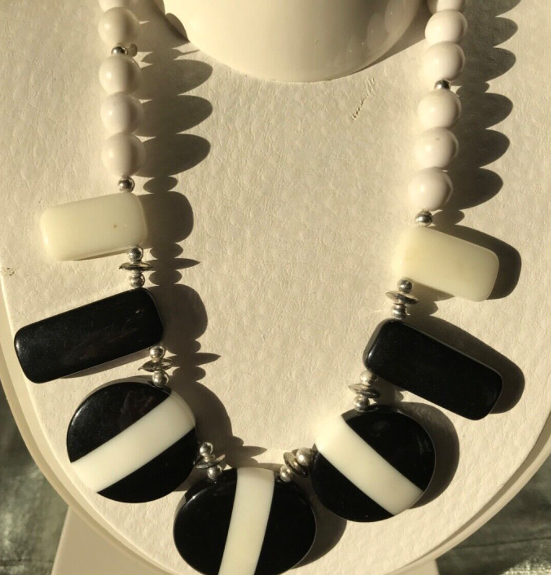 Vintage White Black Mod Plastic Bead Necklace