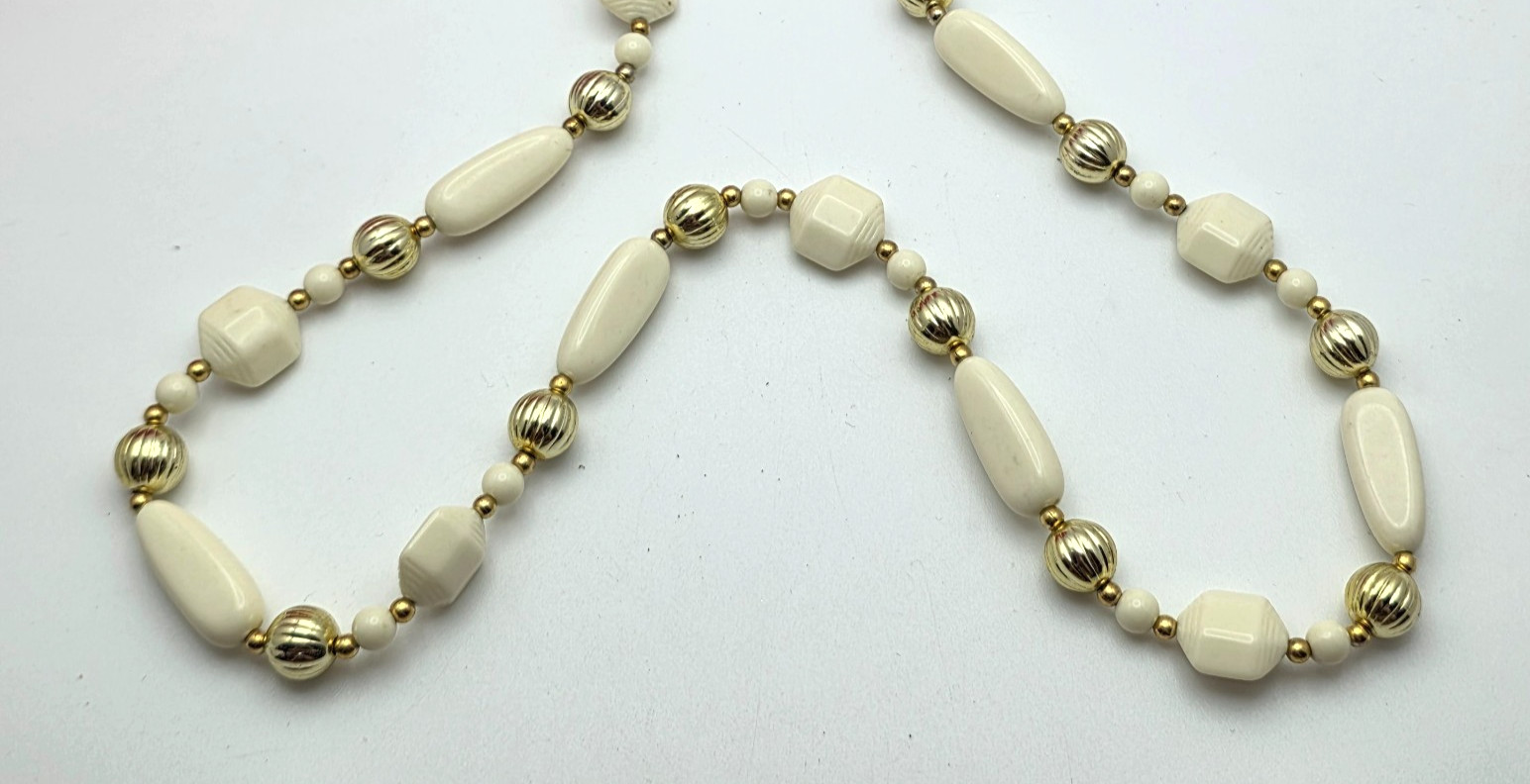 Vintage Lucite Necklace, Ivory Beads Gold Tone Accents, 36 In Mid Century