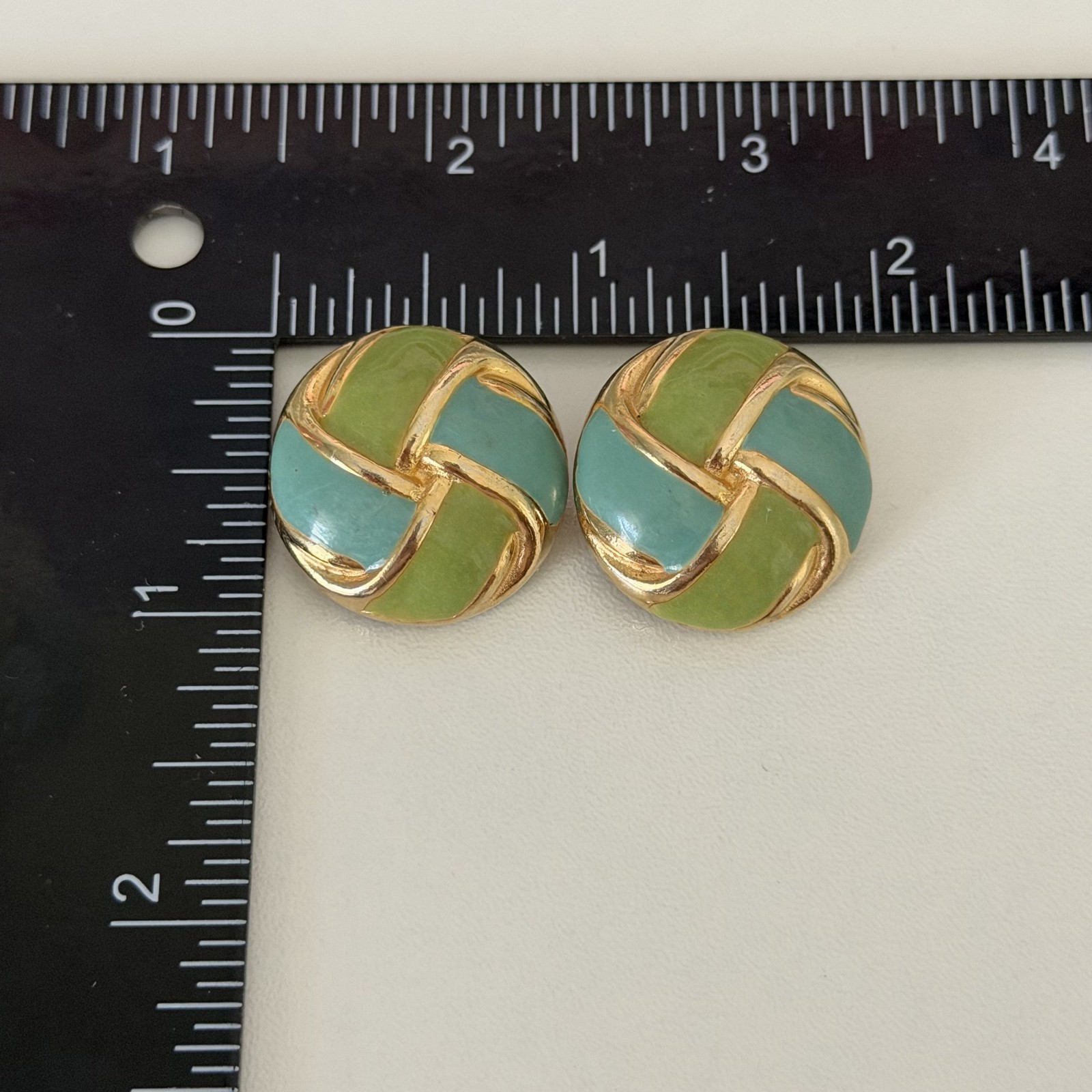 Vintage Gay Boyer Signed Green Blue Enamel Round Twist Clip On Earrings