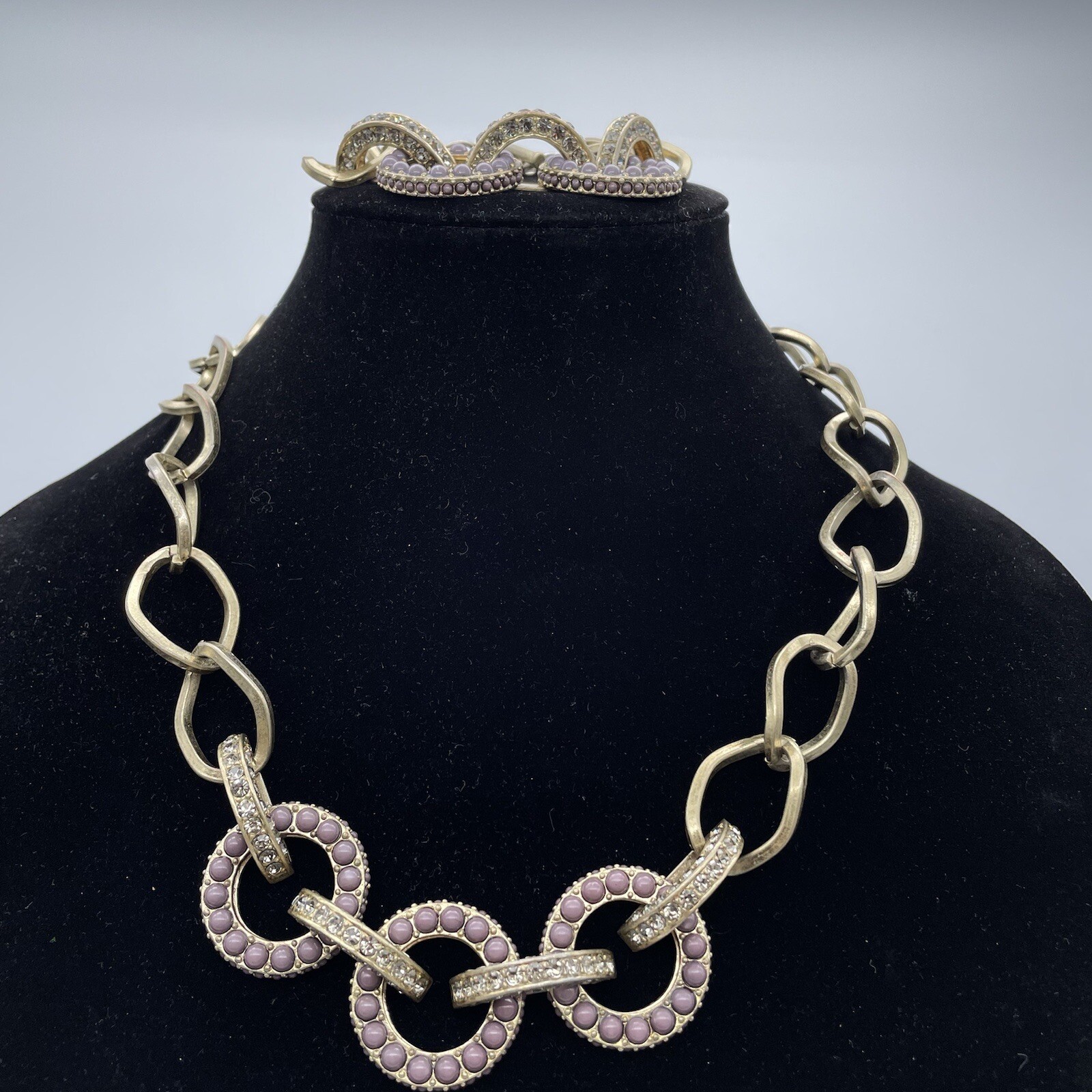 Vtg Danielle Stevens Brass Chain Purple Statement Chain Necklace Bracelet Set