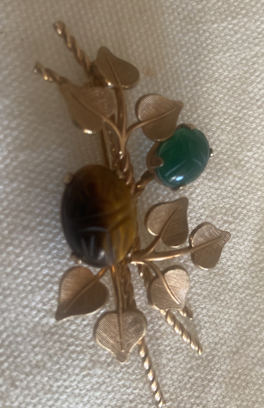 Vintage Van Dell Gold Filled Jade & Tiger Eye Scarabs Brooch Leaves Pin 2.4″