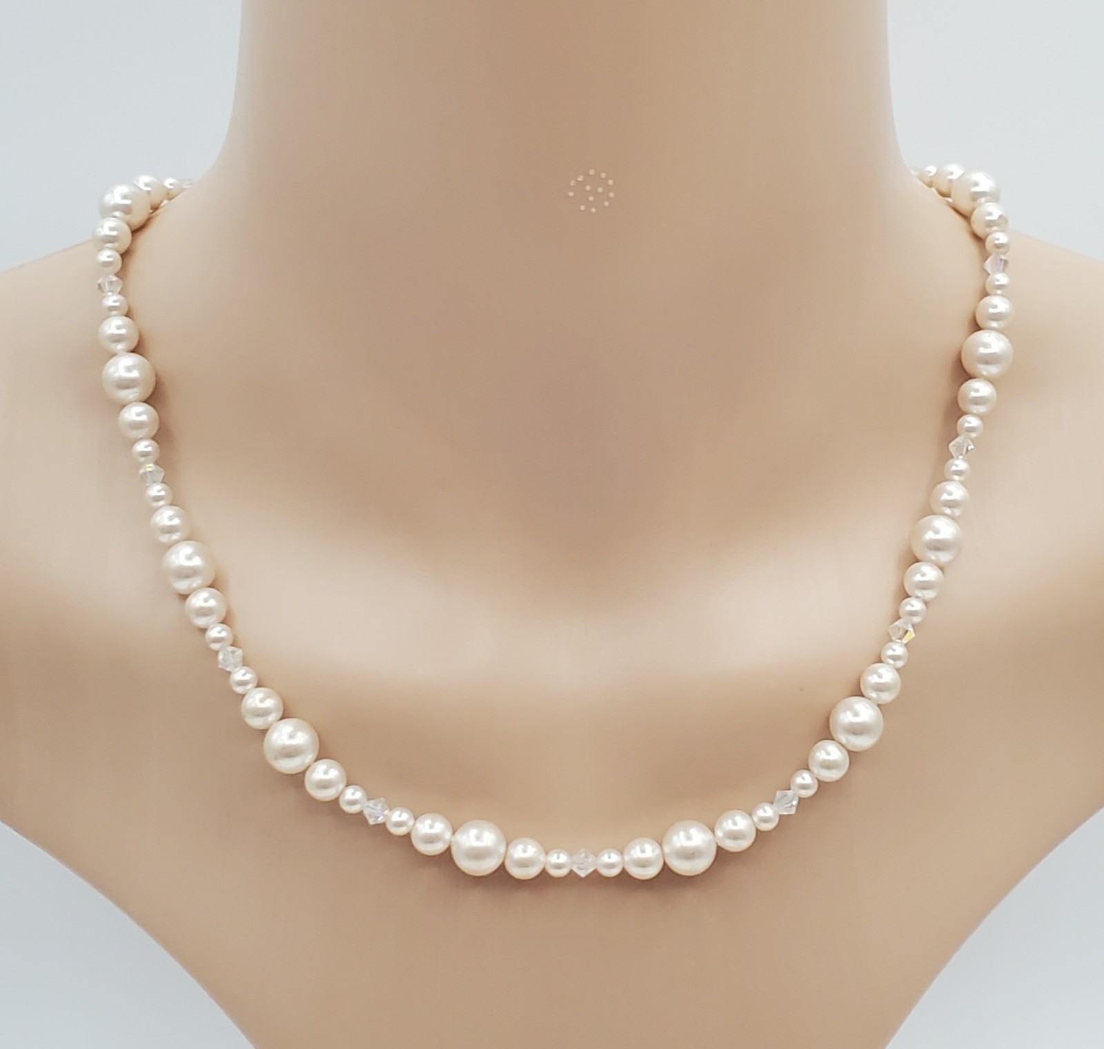 VTG 925 Faux Pearl Bicone Crystal Necklace 18in Sterling Silver 24gtw Estate