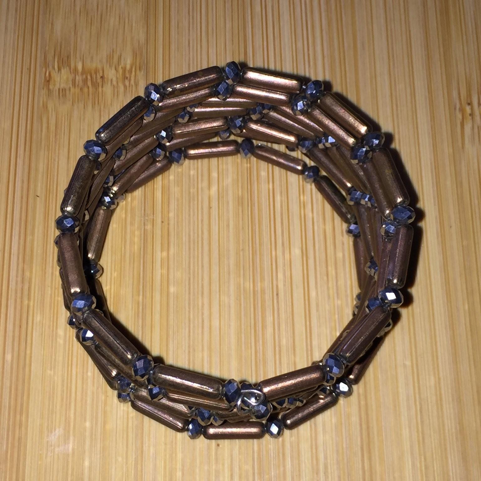 Vintage Multi-Strand Coil Wrap Bracelet Acrylic Bronze Tone Faceted Beads