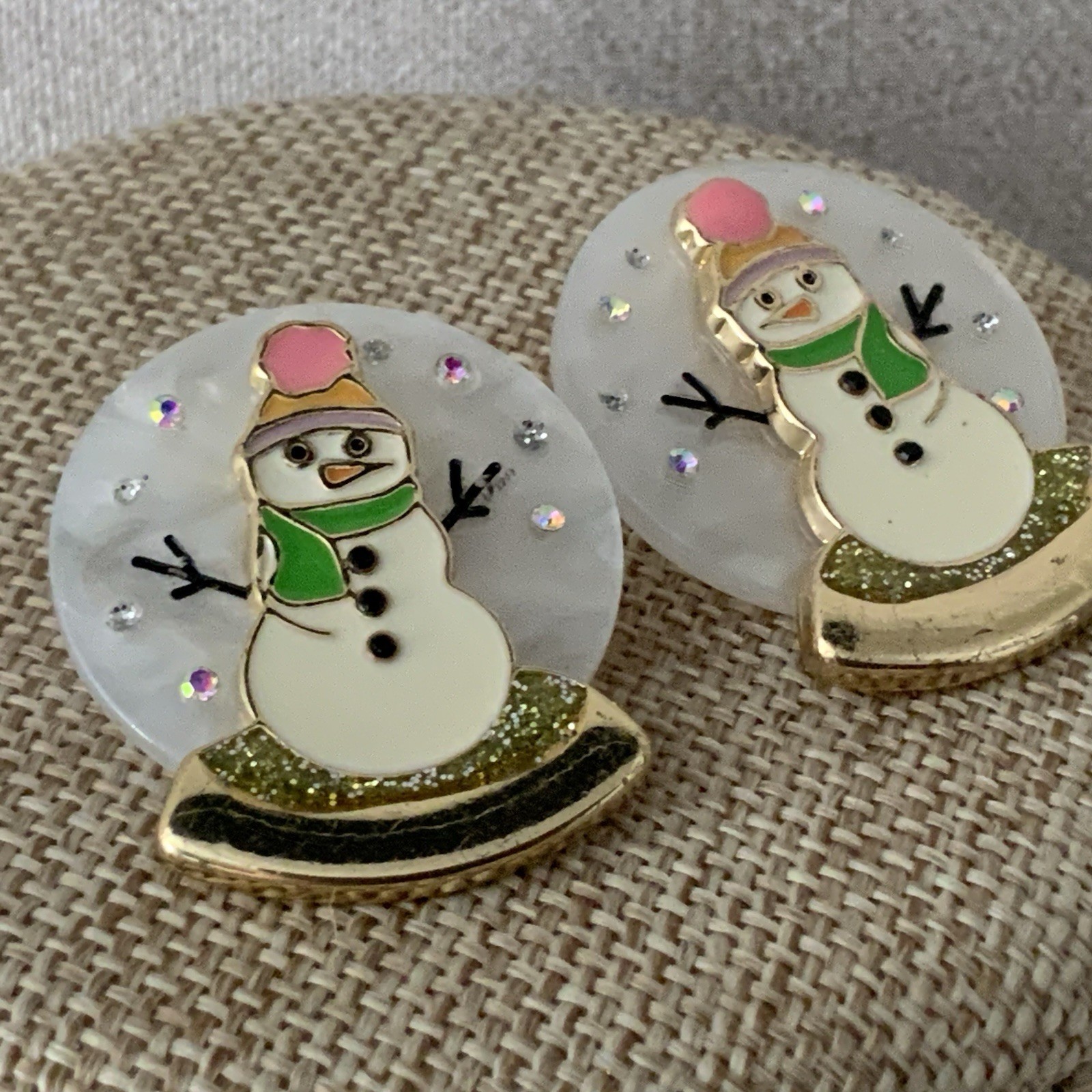 Pierced Sugarfix Gold Tone Plastic And Enamel Snow Man Snow Globe Earrings