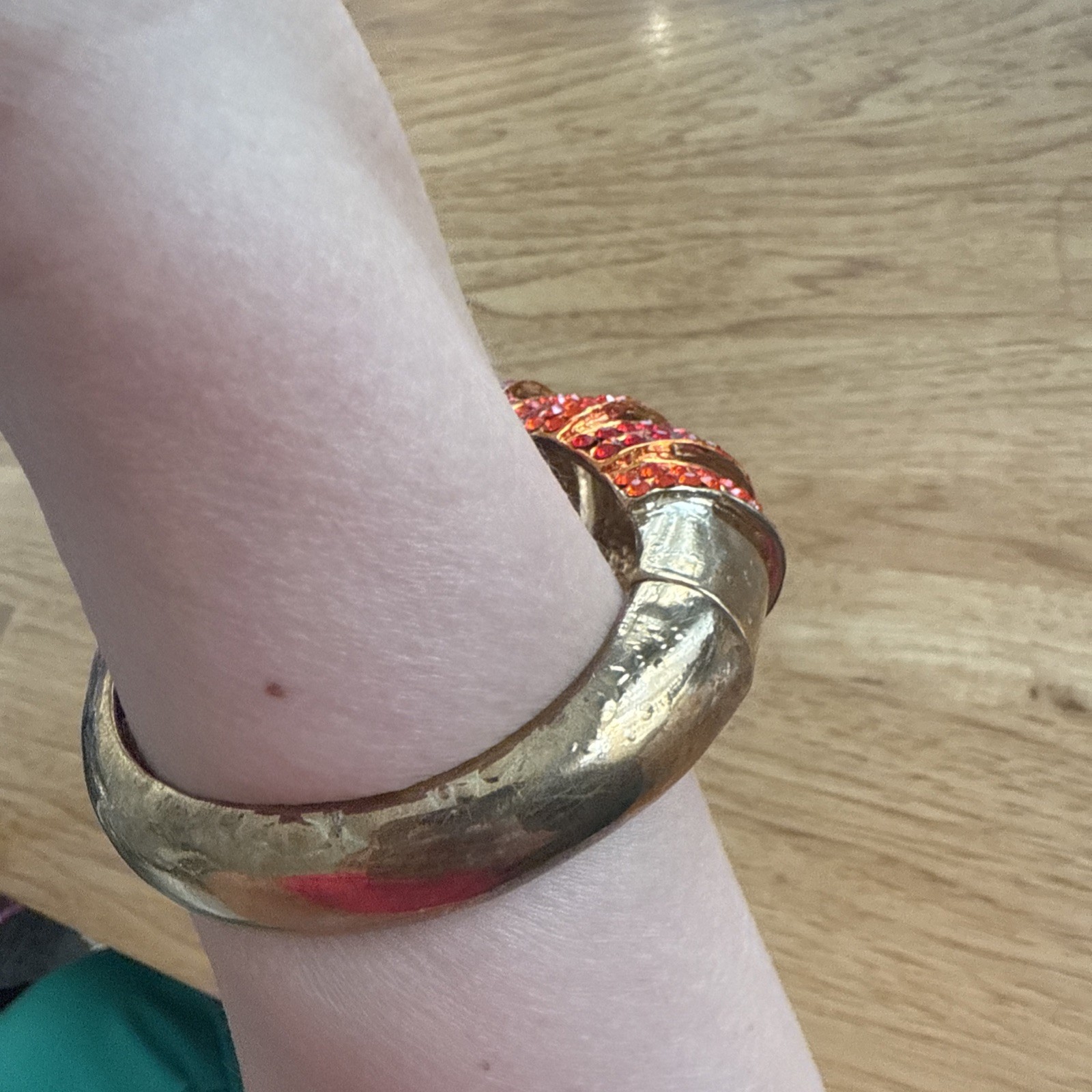 Vintage Hinged Cuff Bracelet Red Orange Fuchsia Rhinestone Crystal 1980s