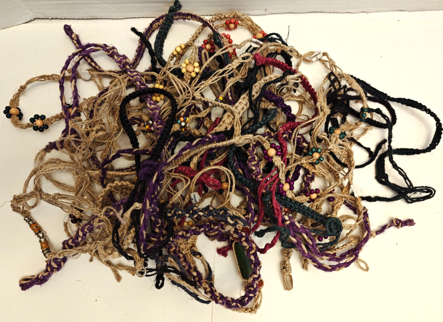 VINTAGE LOT OF HEMP BRACELETS, ANKLETS, NECKLACES; DARK & LIGHT; 1980’S NEW! #2