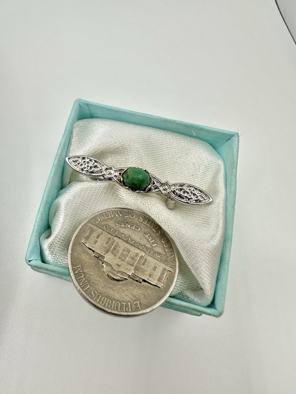 VTG Silver Tone Tiny Bar Brooch Pin Real Emerald May Birthstone Gemstone Read
