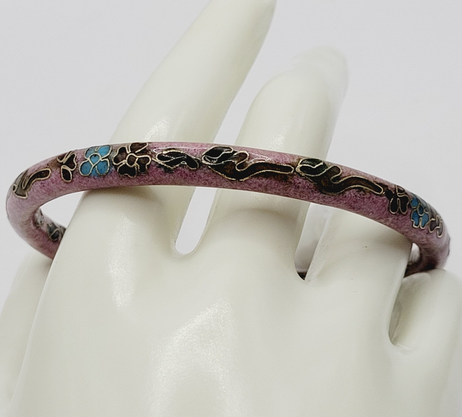 Cloisonné Asian Inspired Rose Mauve Color Floral Hand Painted Bangle Bracelet