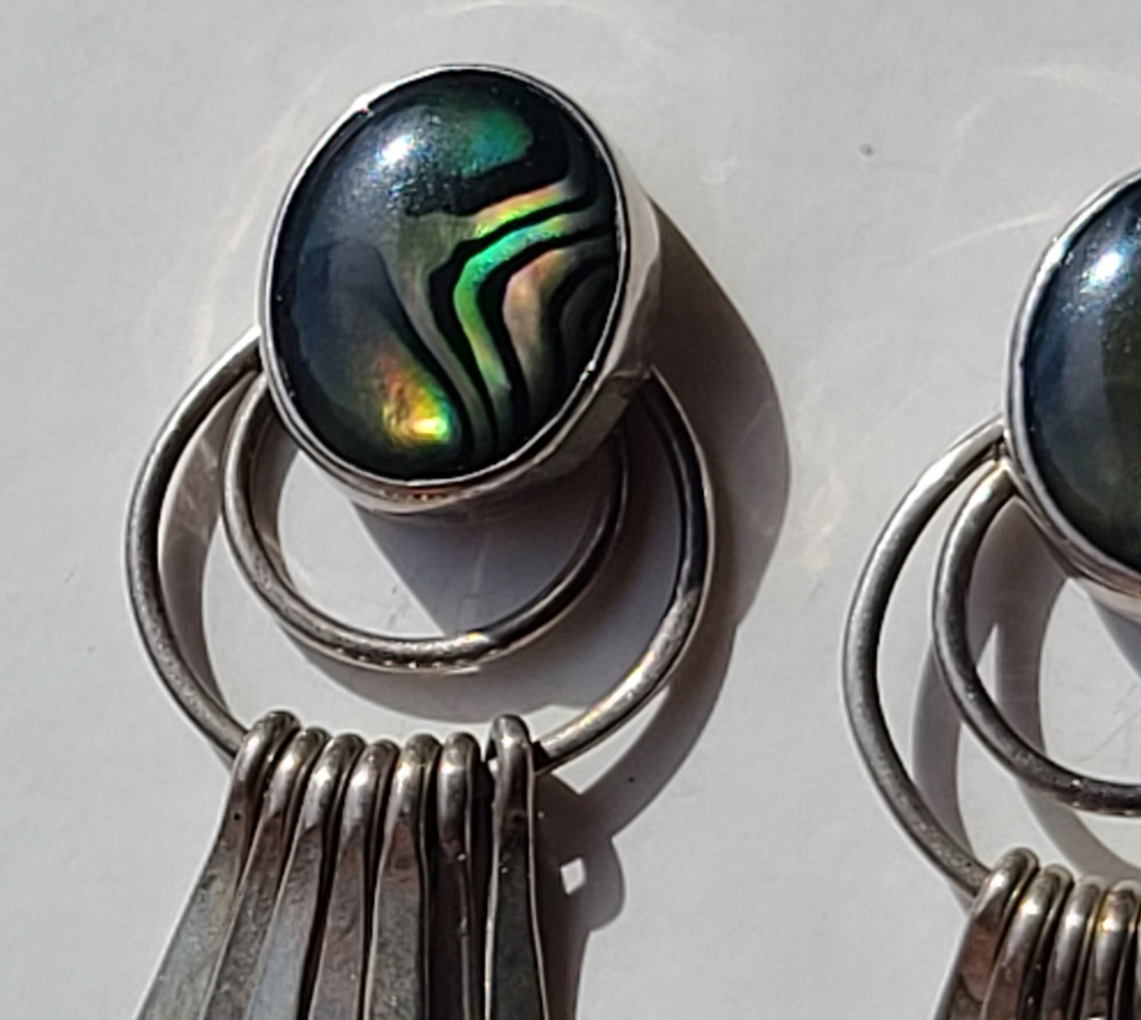 Vintage Sterling Silver Paua Shell Fan Dangle Stud Earrings Southwestern Style