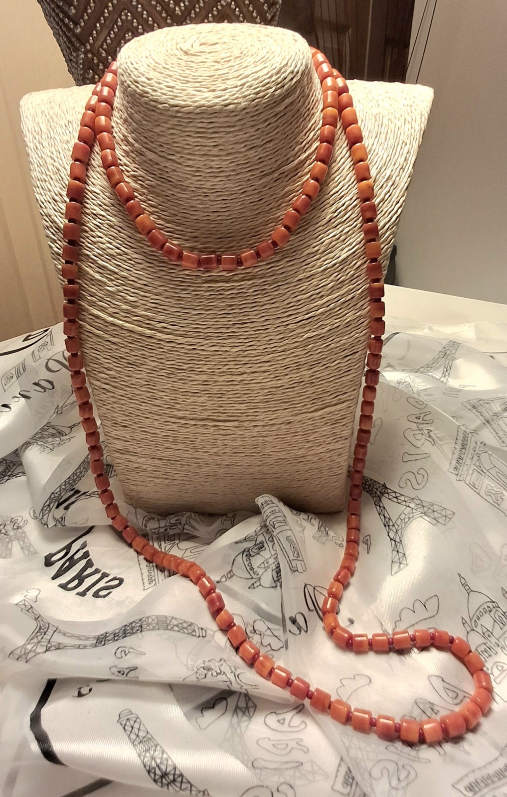 Vintage Necklace Genuine Orange Coral Barrel Red Glass Bead Spacers RARE 49″ ^