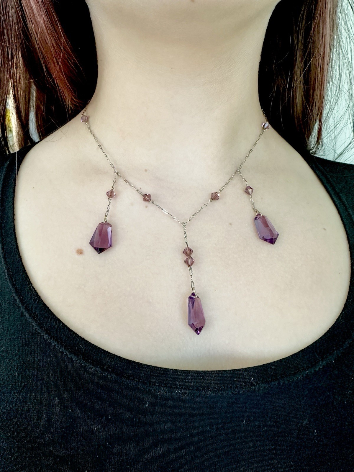 VICTORIAN ANTIQUE STERLING SILVER FESTOON CHAIN NECKLACE PURPLE GLASS DANGLES