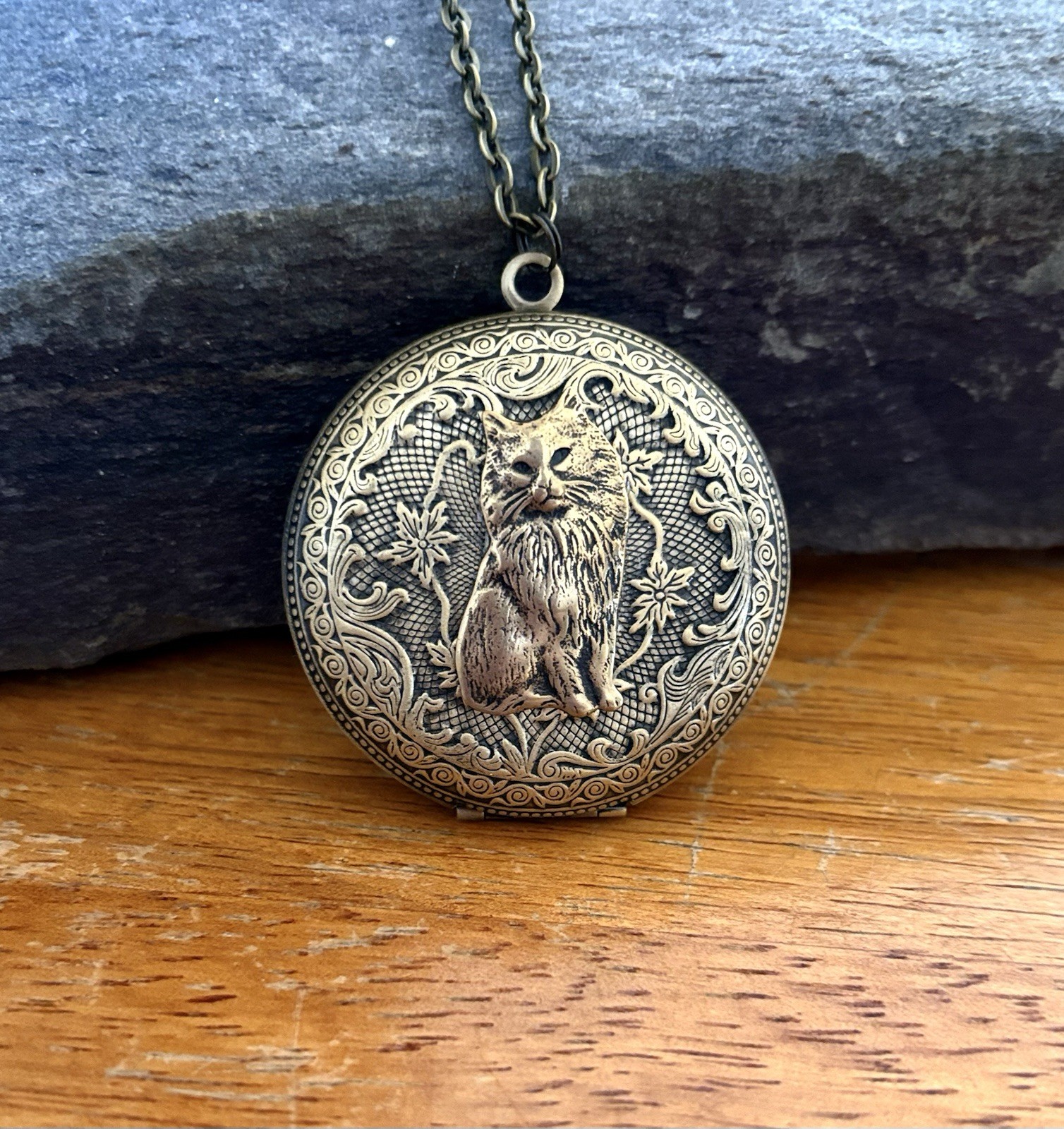 X-Lrg Cat Locket Necklace, Antiqued Brass, Art Nouveau Photos Memorial Pendant