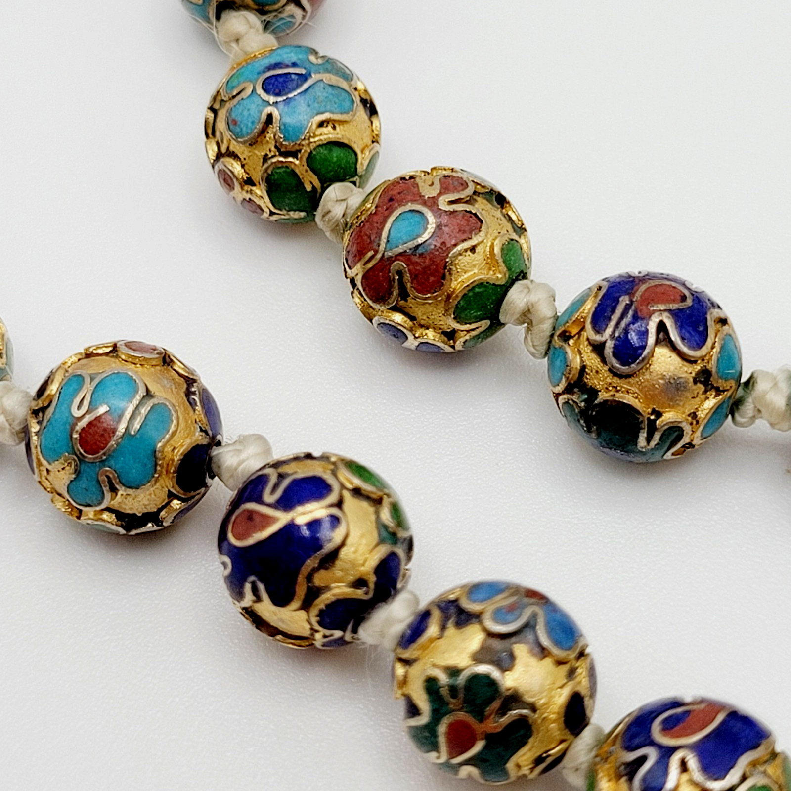 Chinese Cloisonné Floral Bead Hand Knot Circa 1930s Beaded Necklace 23 Inch