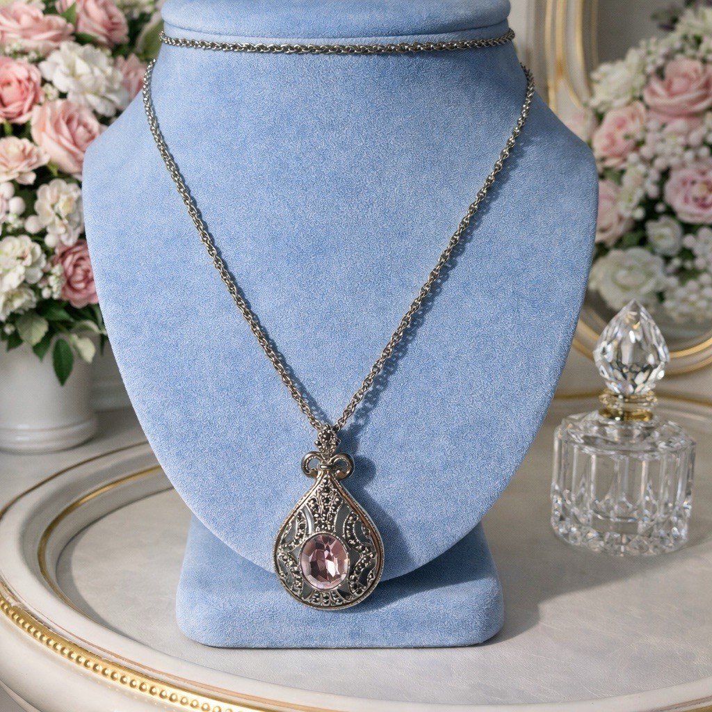 Vintage Silvertone Filigree Teardrop Pendant Necklace – Lavender Glass – 24”