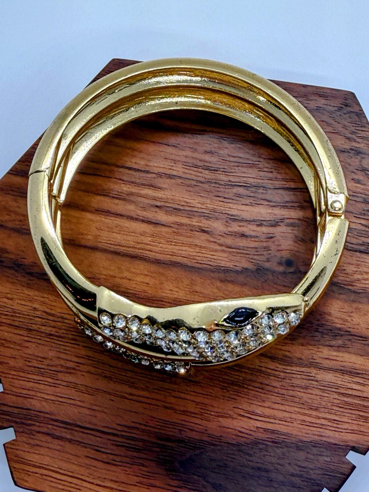 Gold Tone Rhinestone Snake Wraparound Hinge Bracelet – 2 3/8 Inch Inner D