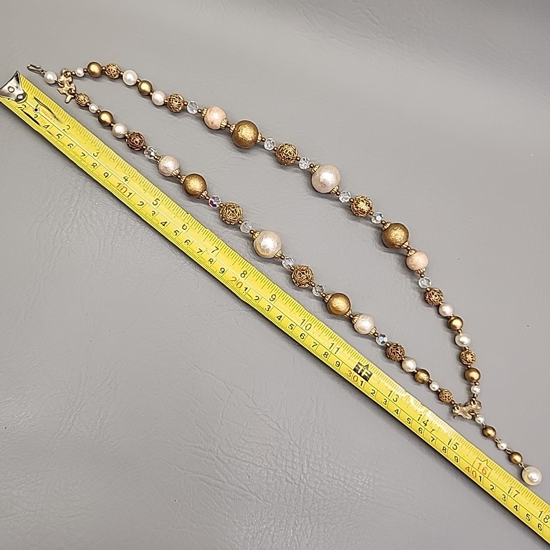 Vintage Beaded Necklace AB Cream Gold Tone Filigree Balls Layered 16″
