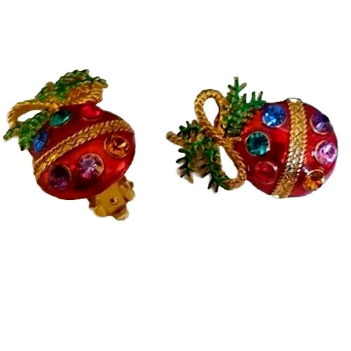 Vtg Christmas Earrings ornaments Gold Green Red Enamel Clip On colorful glass