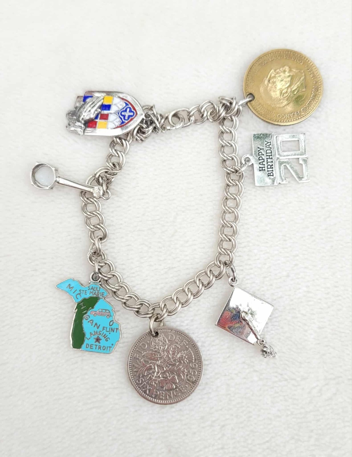 Vintage Sterling Silver Michigan Coins Banjo Grad 7 Charm Bracelet 7″ – 21.4g