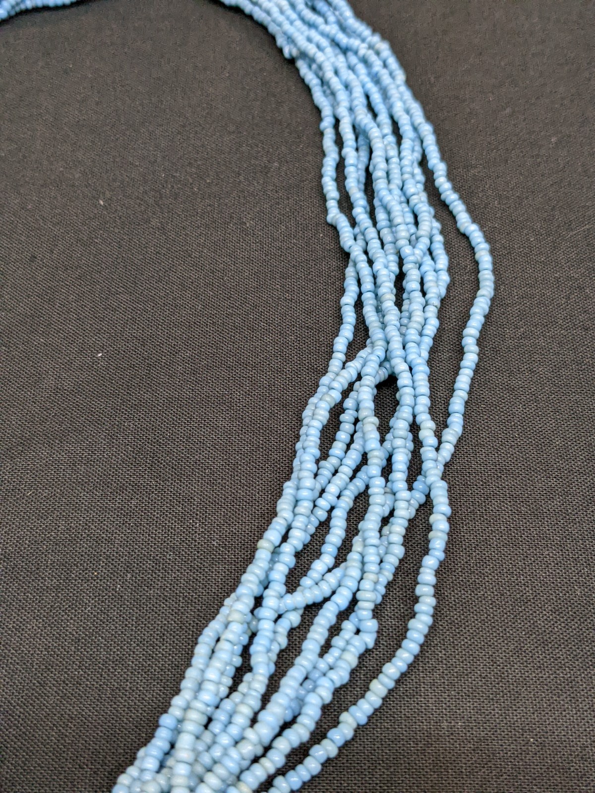 Vintage Blue Seed Bead Necklace Abalone Shell Mosaic Pendant MOP Statement 18″