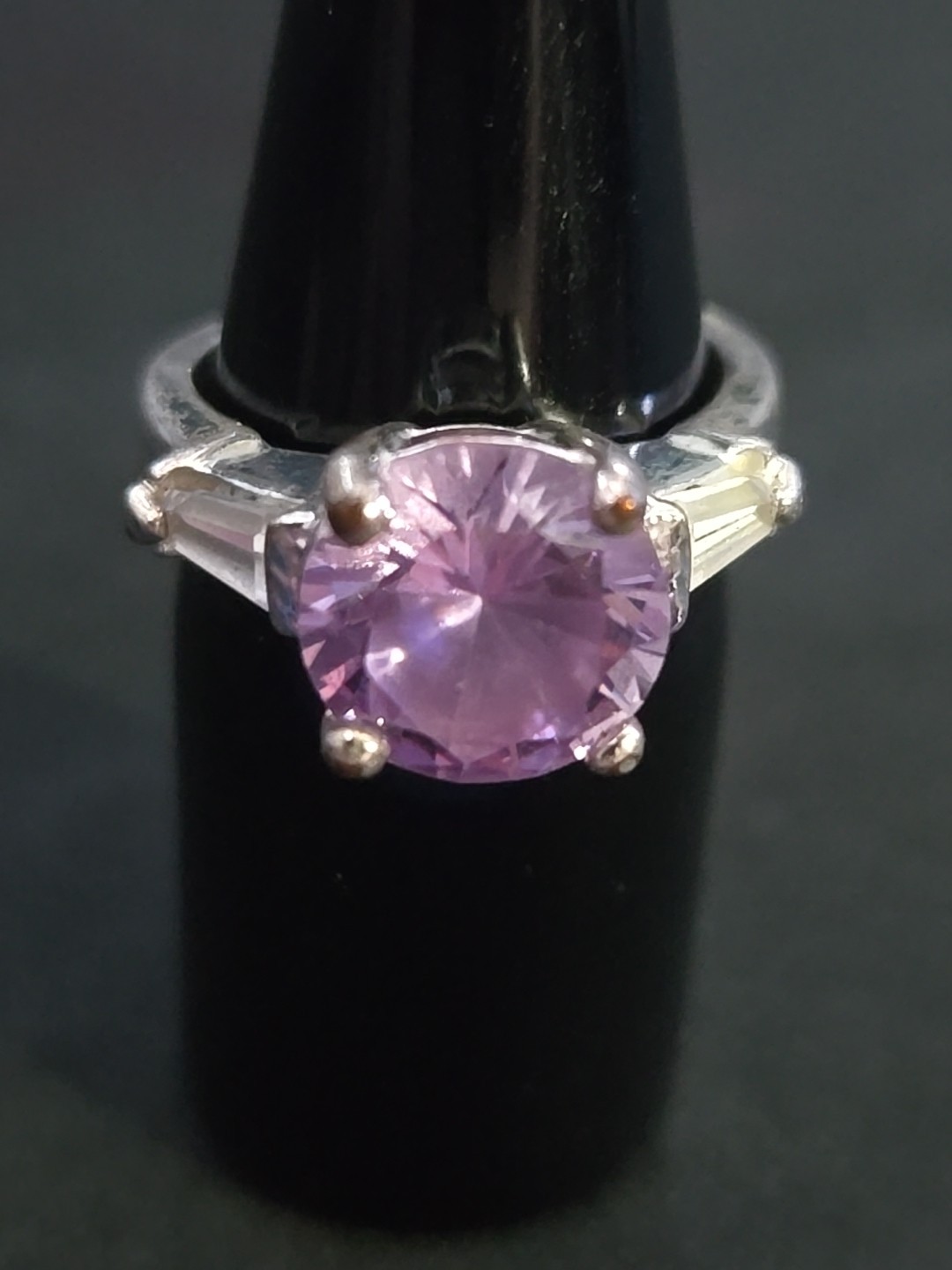 Vintage Silvertone Ring With Large Pink/purple And White Rhinestones Size 6