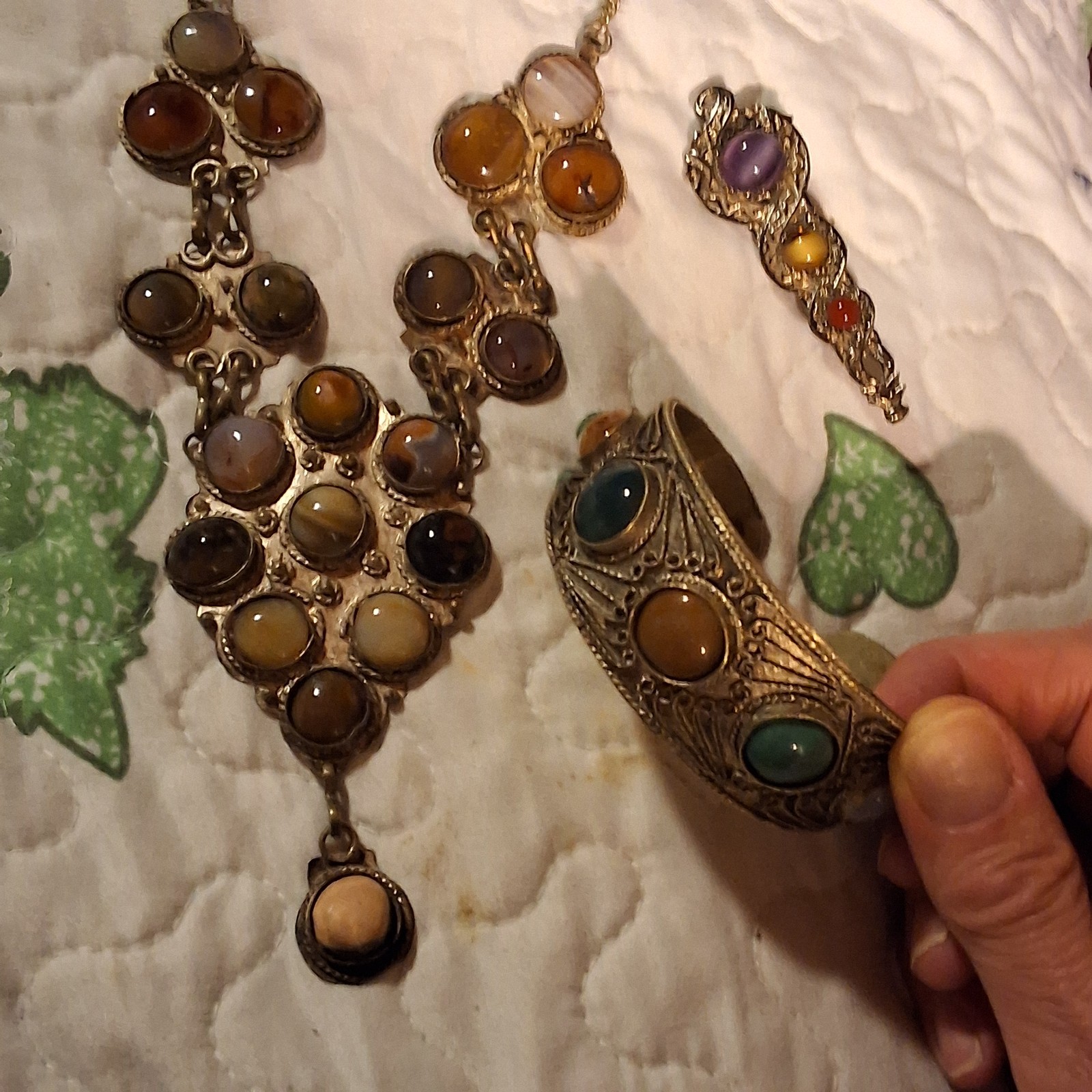 Vintage Tibetan Silver Metal Agate Glass Statement Necklace, Bracelet and Pin
