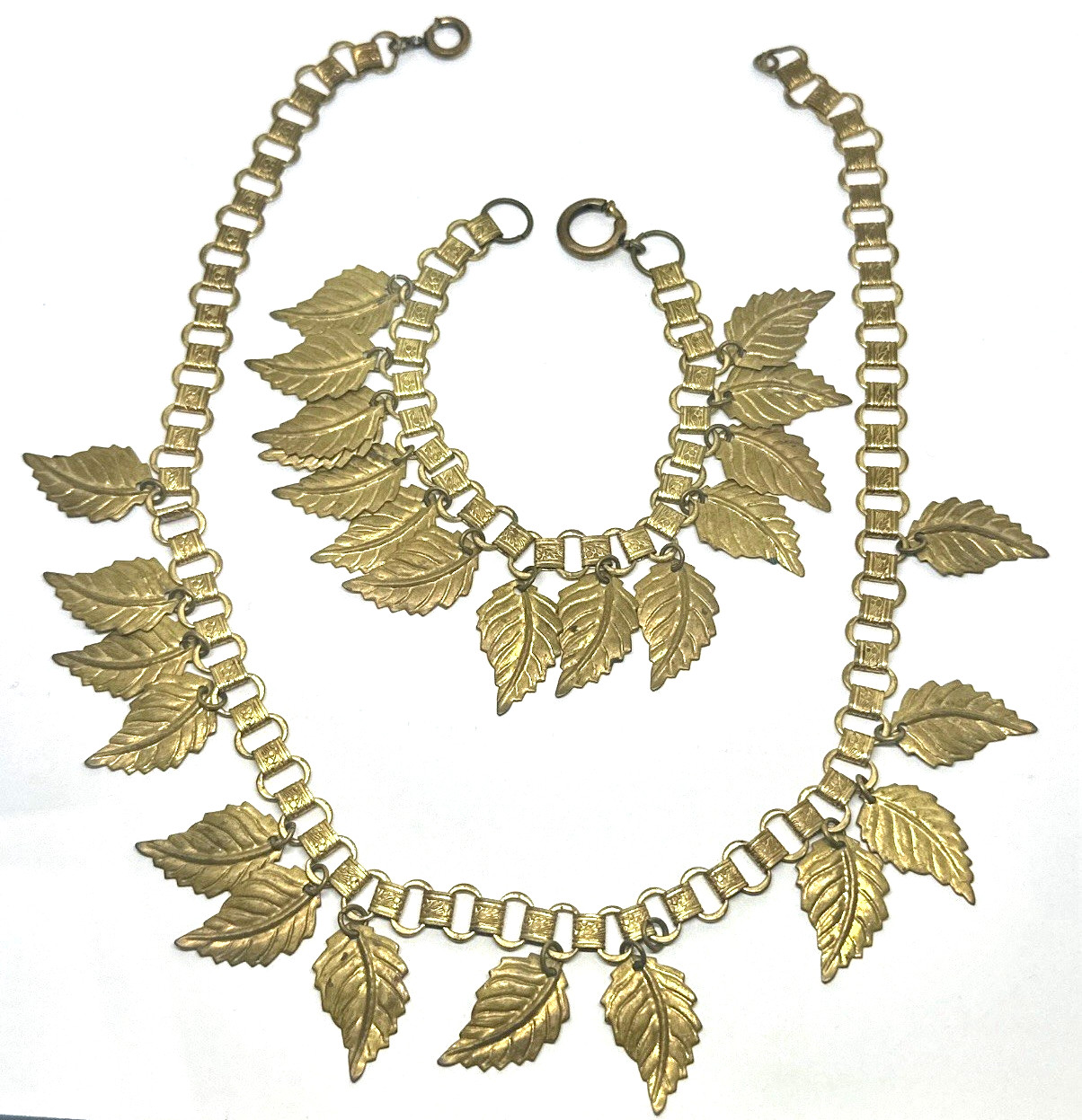 Vintage Victorian Brass Leaf Charm Necklace and Bracelet Set Sliding Hook Clasp