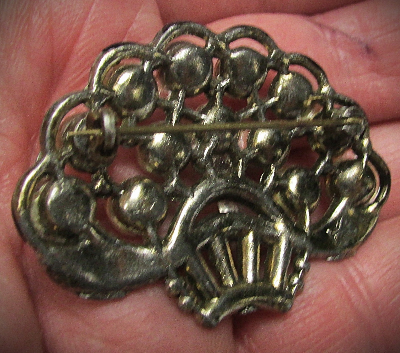 Art Deco New England Glassworks Basket Of Pearls, Enamel, Rhinestone Pin Brooch
