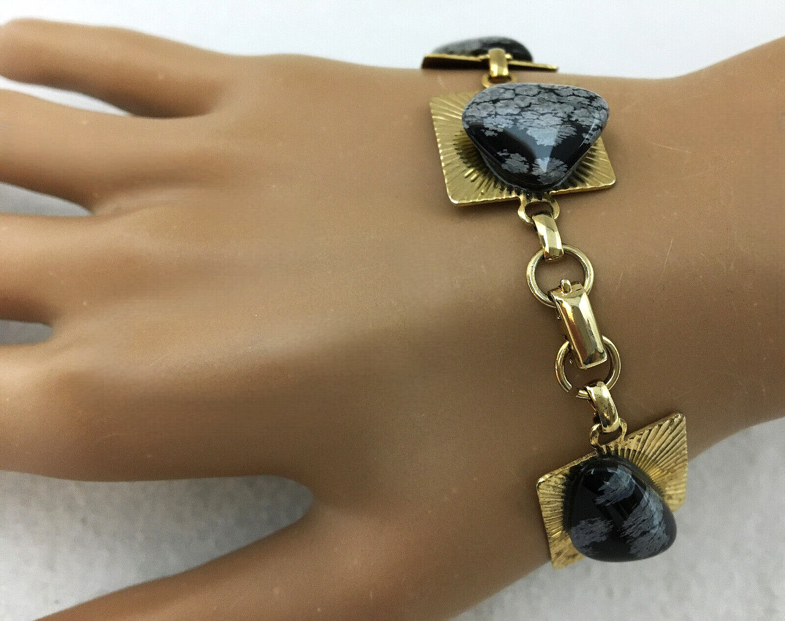 VTG 3 Piece Set GoldTone Polished Stone Bracelet Earrings Pendant Obsidian