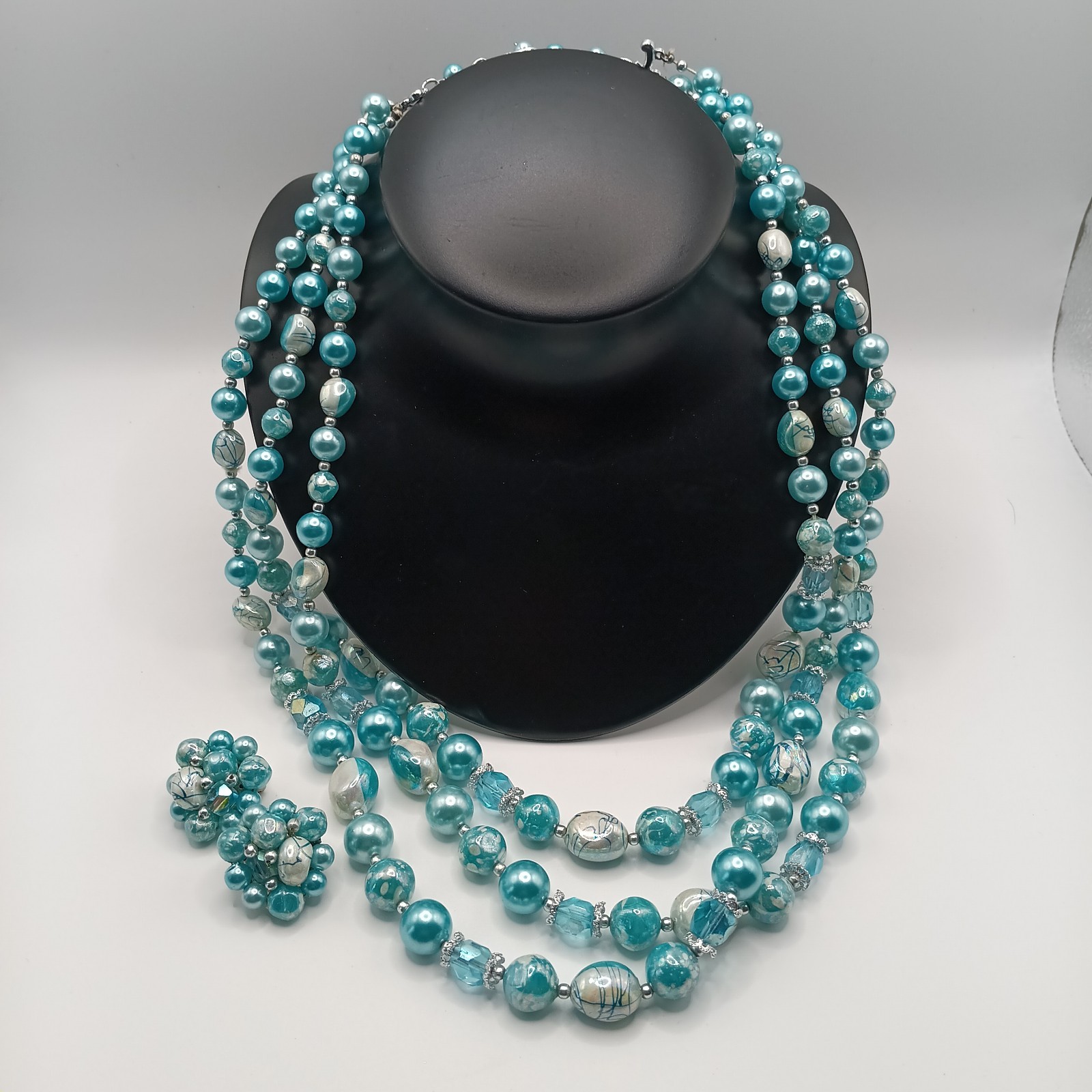 VTG Blue/AB Bead Demi Parure 3 Strand Stamped Japan Necklace And Clipon Earrings