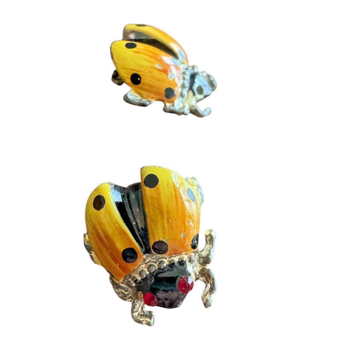 Set of 2 Vintage Small Silver Tone Ladybug Brooch Pins, Almost 1 Inch, Fair Cond