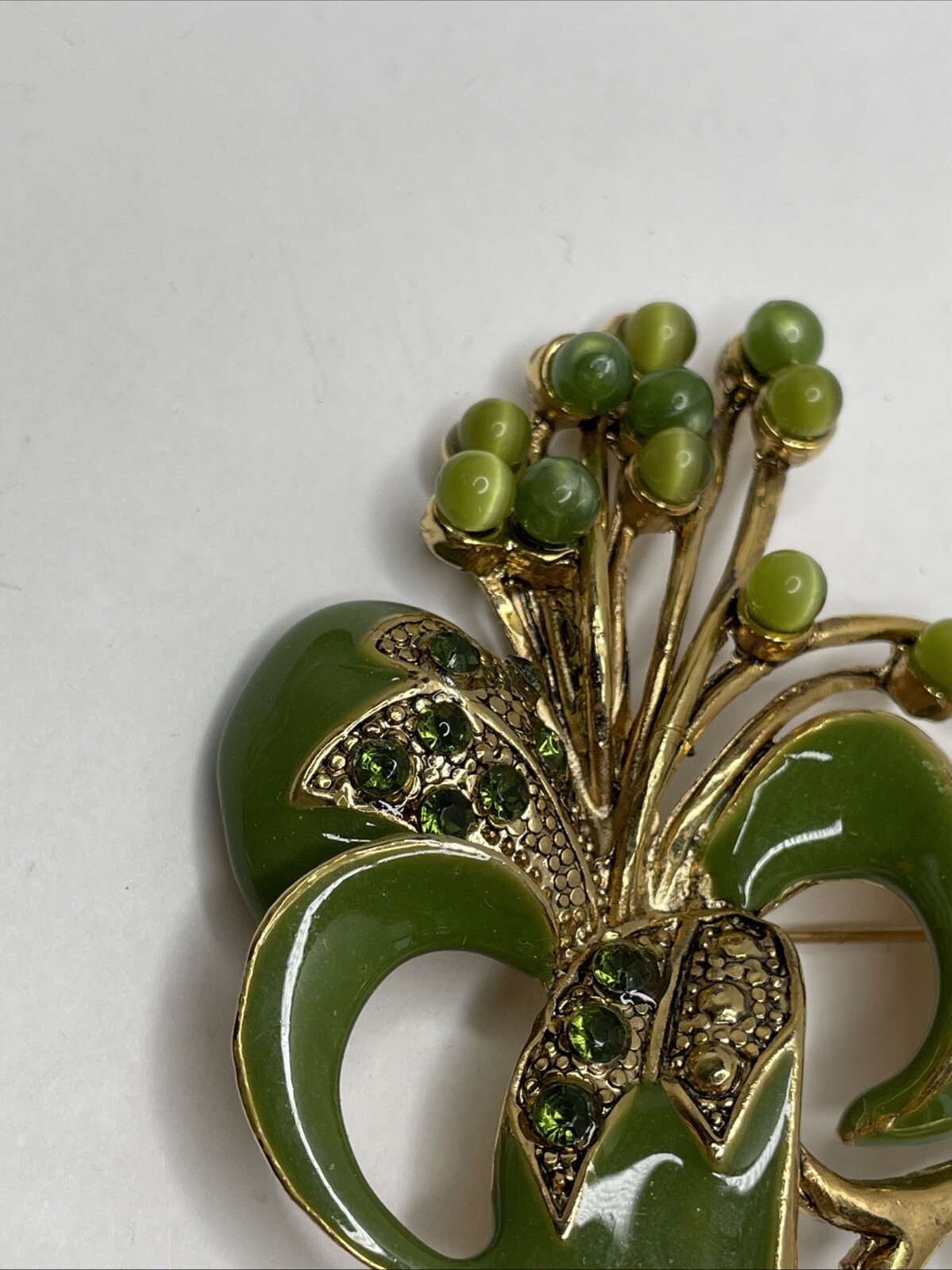 Vintage Green Enamel Floral Brooch Pin with Green Rhinestones and Cabochons RARE