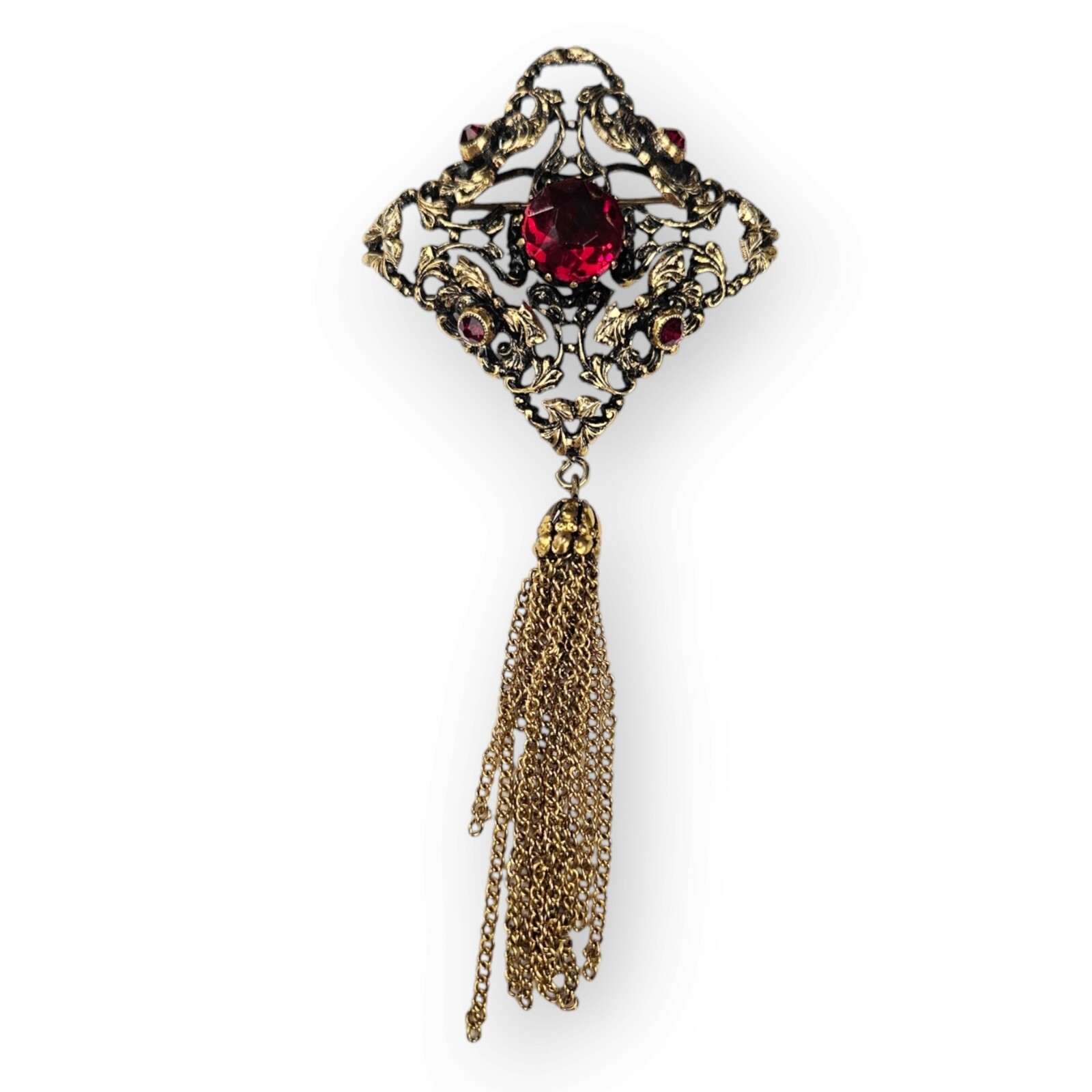 Austria Rhinestone Floral Brooch Vtg Art Nouveau Red Glass Brass Massive 4.25″