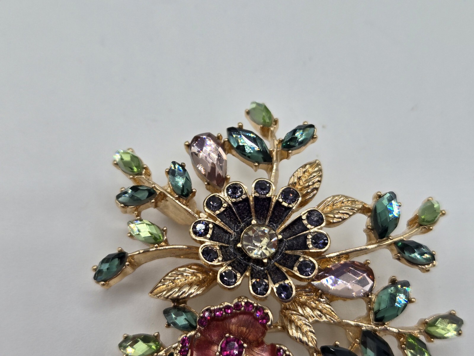 Napier Flower Brooch Gold Tone Enamel Green White Pink Purple Stones