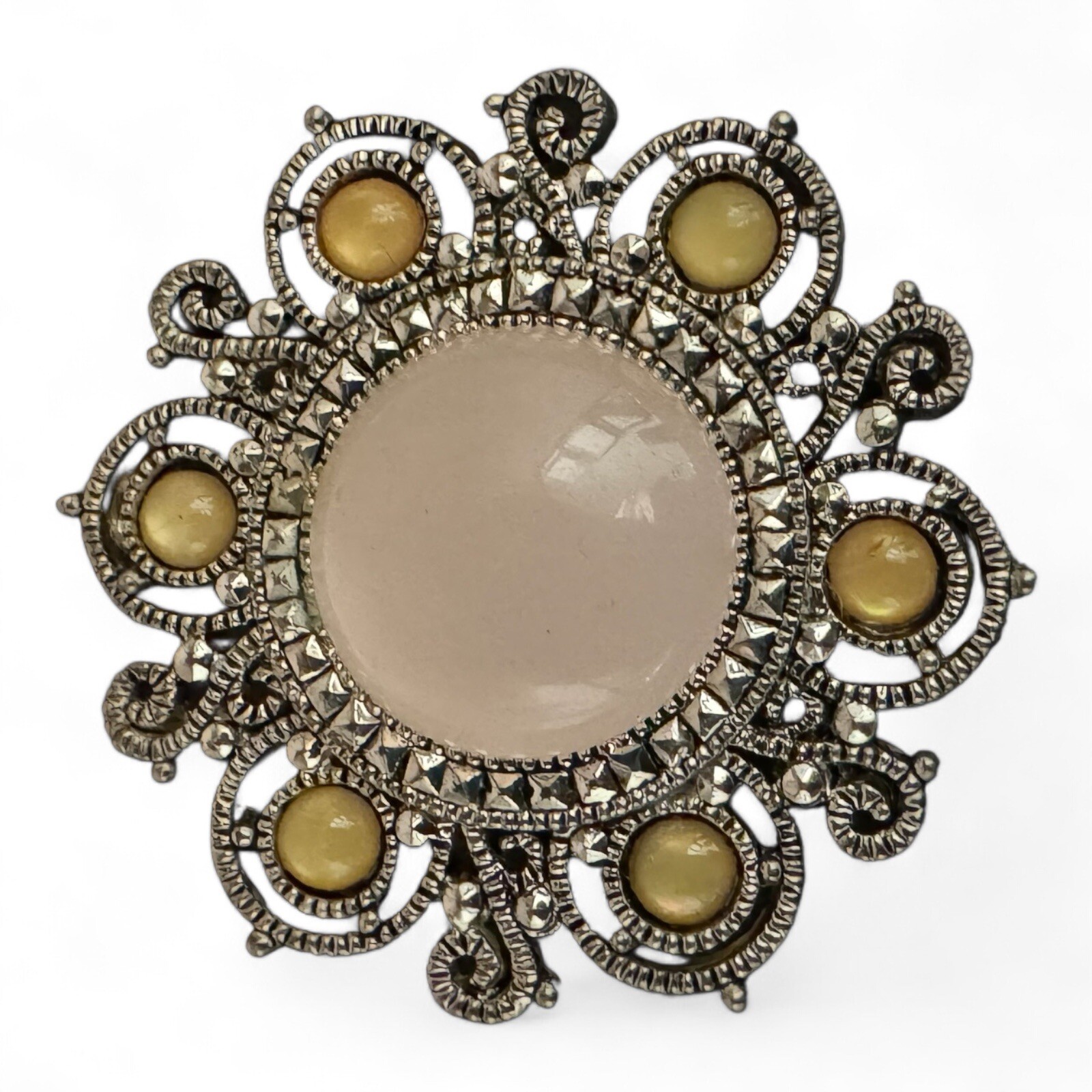Vintage Silver Tone And Tan & Green Cabochon Stone Flower Shaped Pendant