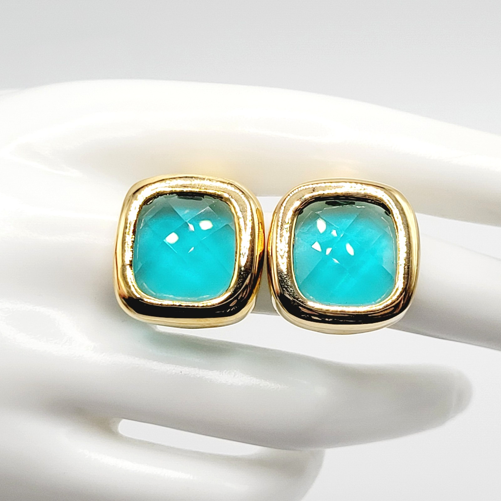 Aqua Light Blue Green Faceted Glass Soft Square Gold Tone Bezel Clip On Earrings