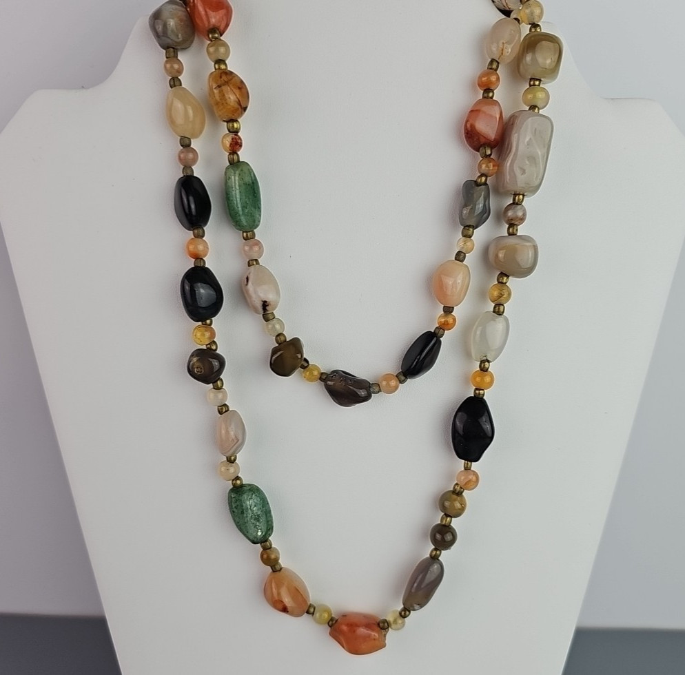 Vintage Beggars Bead Necklace Polished Stone Fall Colors Opera Length 36 Inch
